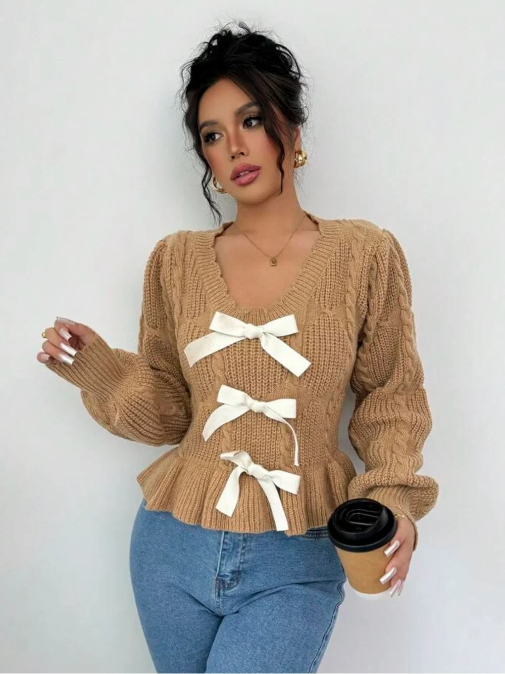 Chunky Cable Knit Peplum Knit Sweater with Bow Details - Camel